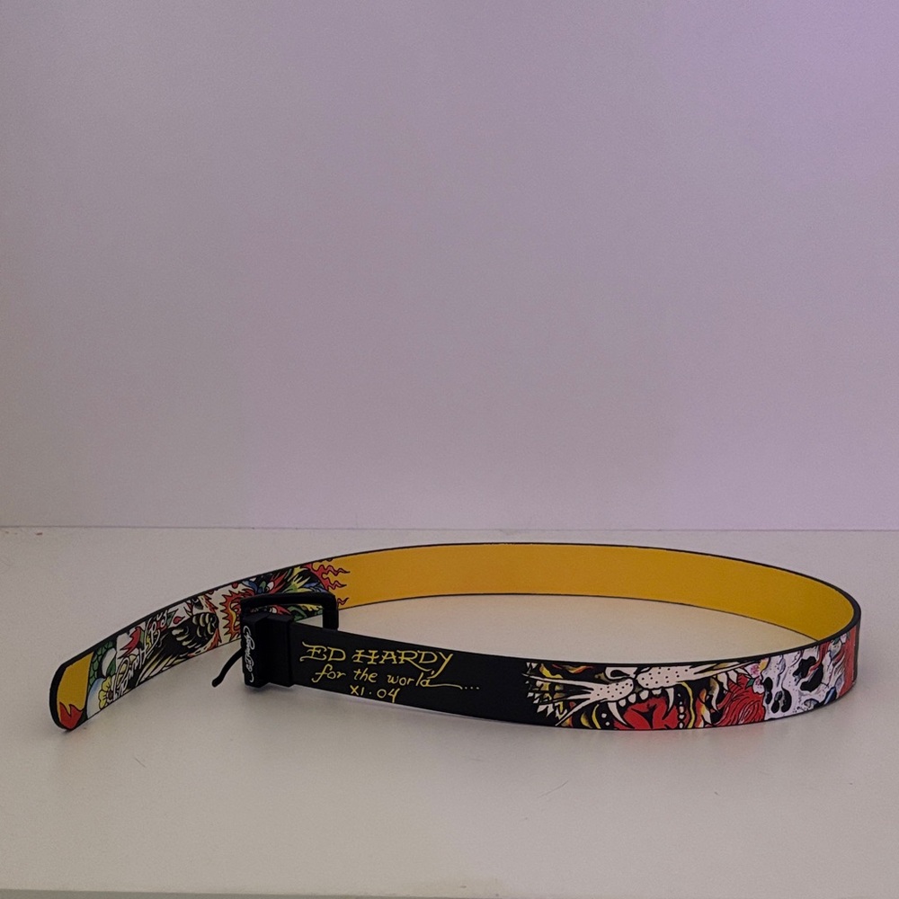 Ed Hardy Colorful Skull Flash Tattoo Graphic Belt